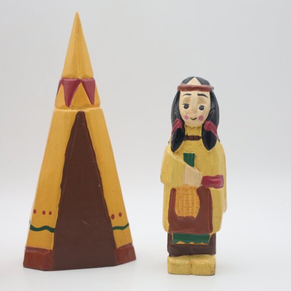 Vintage 1970s Hand Carved Hand Painted Indian Man, Woman &  Teepee - Picture 5 of 10